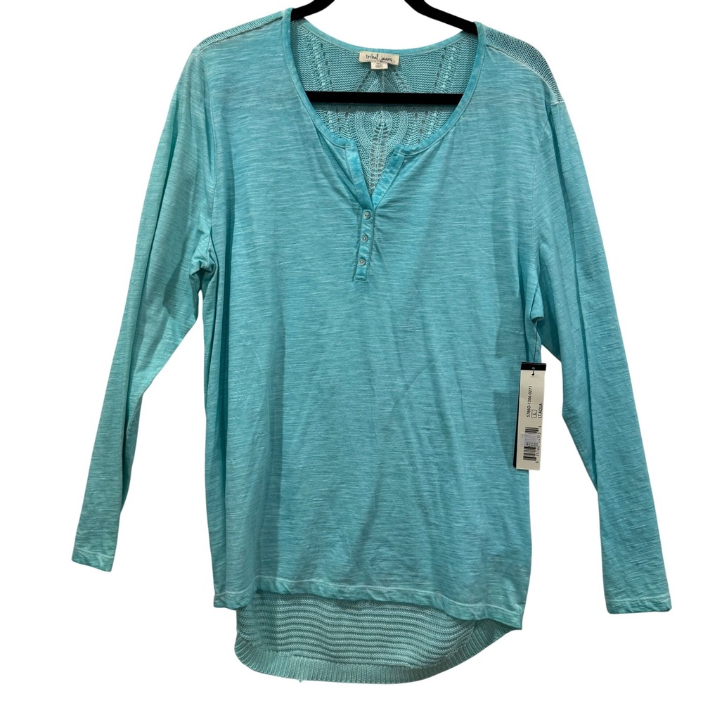 Tribal‎ Jeans Aqua Blue Knit Henley V Neck Long Sleeve Shirt Top L G